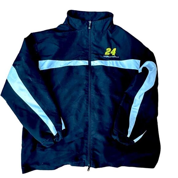 Jeff Gordon Zip Up Hooded Windbreaker Jacket Nascar Adult Size L Black White - Picture 1 of 12